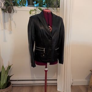Michael Kors Black Leather Blazer Jacket with Zip Pocket Accents